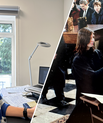 Two combined photos of Christina C. Dahm. The first on shows her in her office, the other one when se received her PhD at Cambridge in 2006